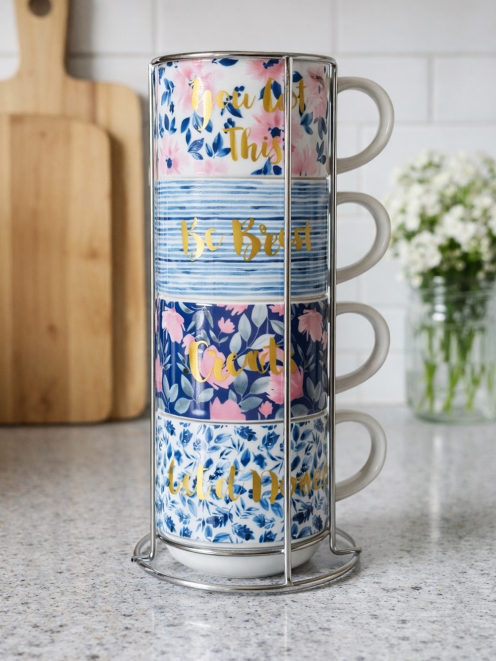 Pier 1 Imports Floral Inspiration Mug Set – Motivational Stackable Design NWT